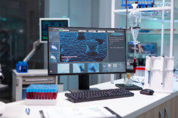 Computer with microbiology virus expertise on display standing on table during medicine biochemistry genetic experiment in pharmaceutical hospital laboratory. Healthcare treatment development